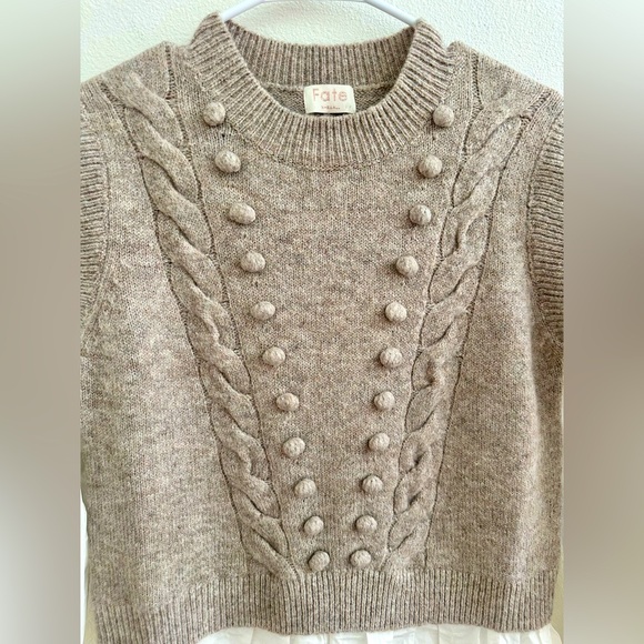 NEW Fate Tan Crew Neck Cable Knit Sweater Vest with Attached white Blouse - Picture 3 of 7